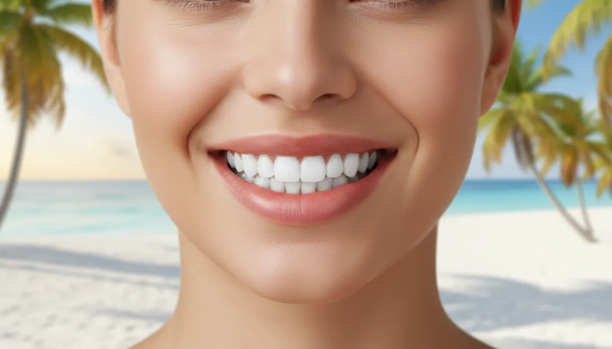 photorealistic close-up of a person with a stunning, natural-looking smile showing perfectly aligned white veneers, soft tropical daylight, subtle palm trees reflected in the eyes, premium aesthetic