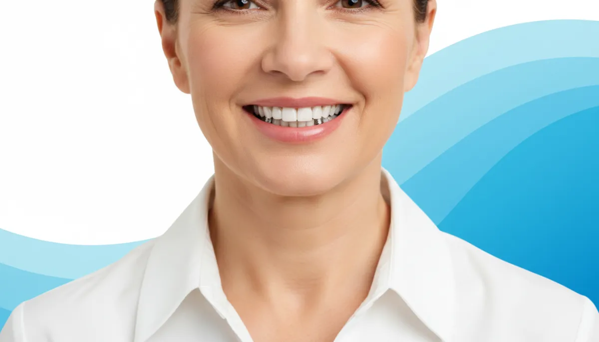 photorealistic close-up of a confident middle-aged woman smiling, with subtle indication of small dental implants supporting lower denture, soft studio lighting, professional aesthetic