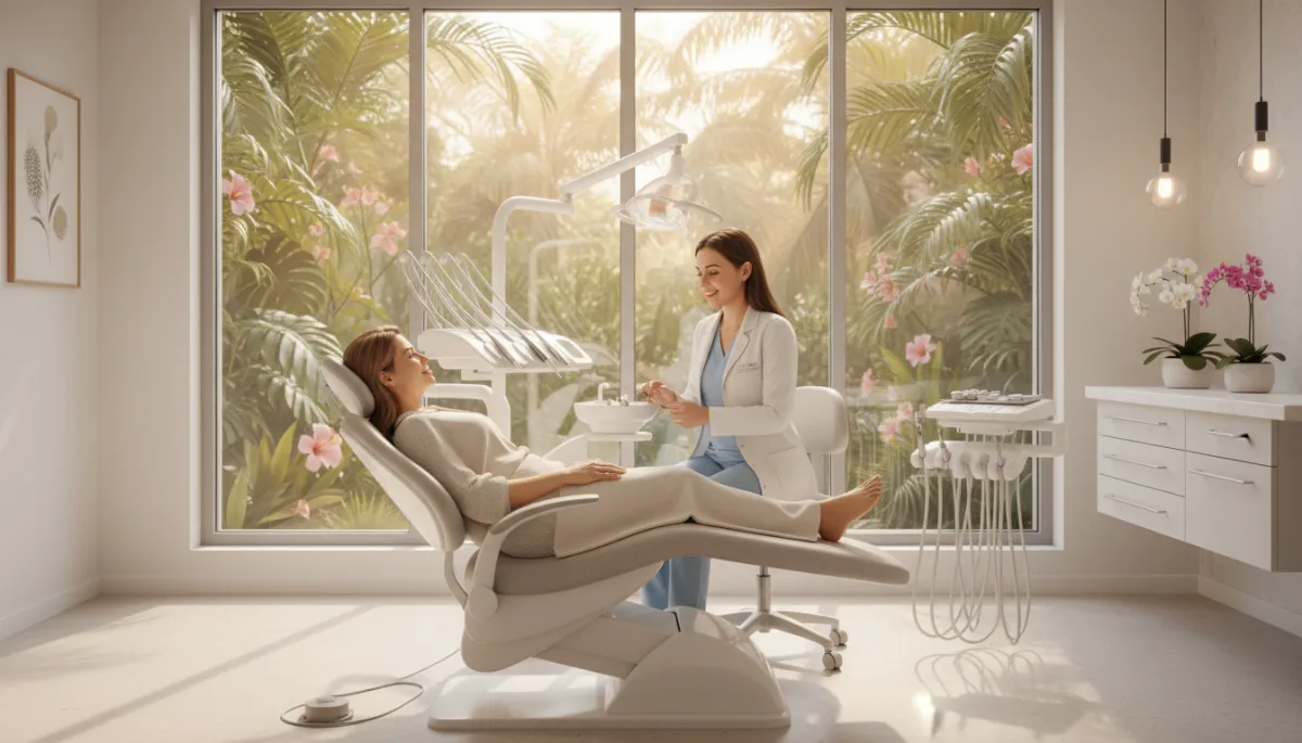 photorealistic calm aesthetic, modern dental clinic in Punta Cana with large window showing soft tropical greenery and sunlight, relaxed adult patient reclining in a sleek dental chair while a gentle dentist in scrubs talks reassuringly, subtle equipment visible, spa-like atmosphere
