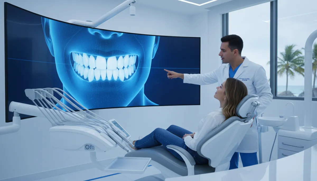photorealistic high-tech dental clinic in Punta Cana, dentist and adult patient looking at a large 3D digital smile preview on an ultra-wide screen, sleek modern equipment, cool blue lighting accents, subtle view of tropical palm trees through window