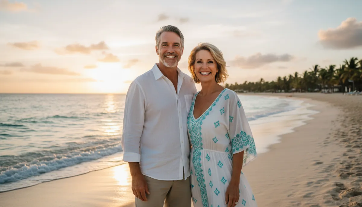 photorealistic confident mature man and woman in their 50s smiling on a tropical Punta Cana beach at sunset, perfect full-arch teeth visible, soft golden light, turquoise water, premium lifestyle aesthetic