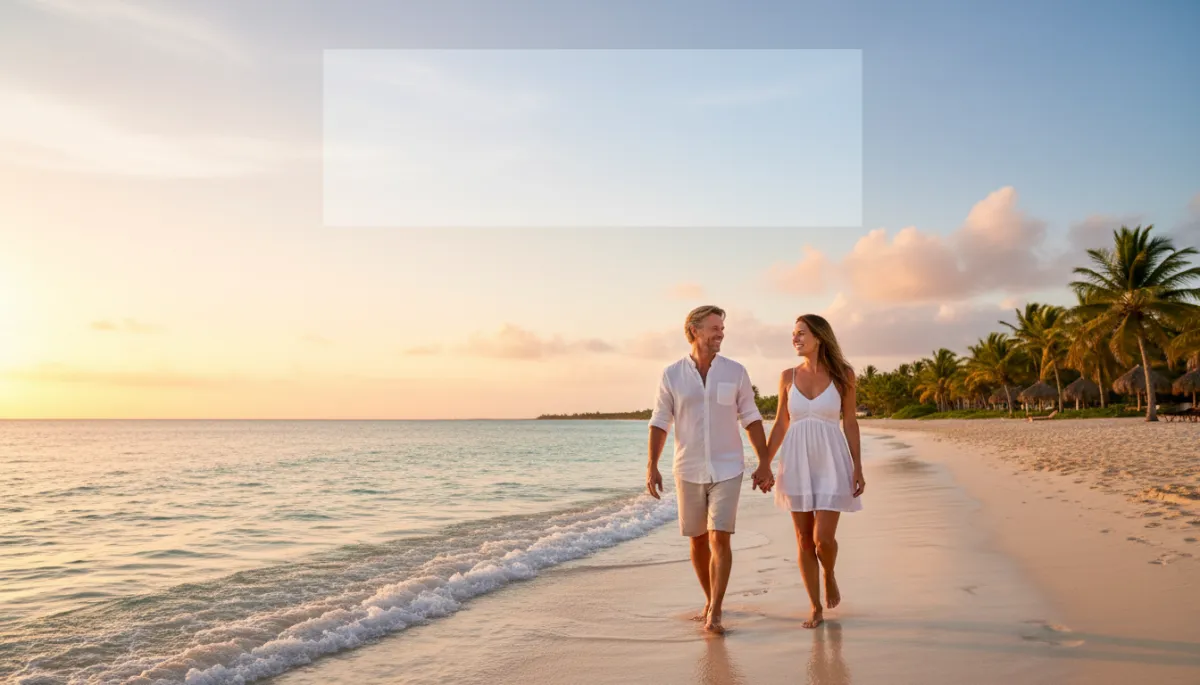 photorealistic warm-toned scene of a happy Canadian couple in their 40s walking along a Punta Cana beach at sunset, both smiling confidently and showing perfect teeth, palm trees and turquoise water in the background, subtle overlay text area in sky