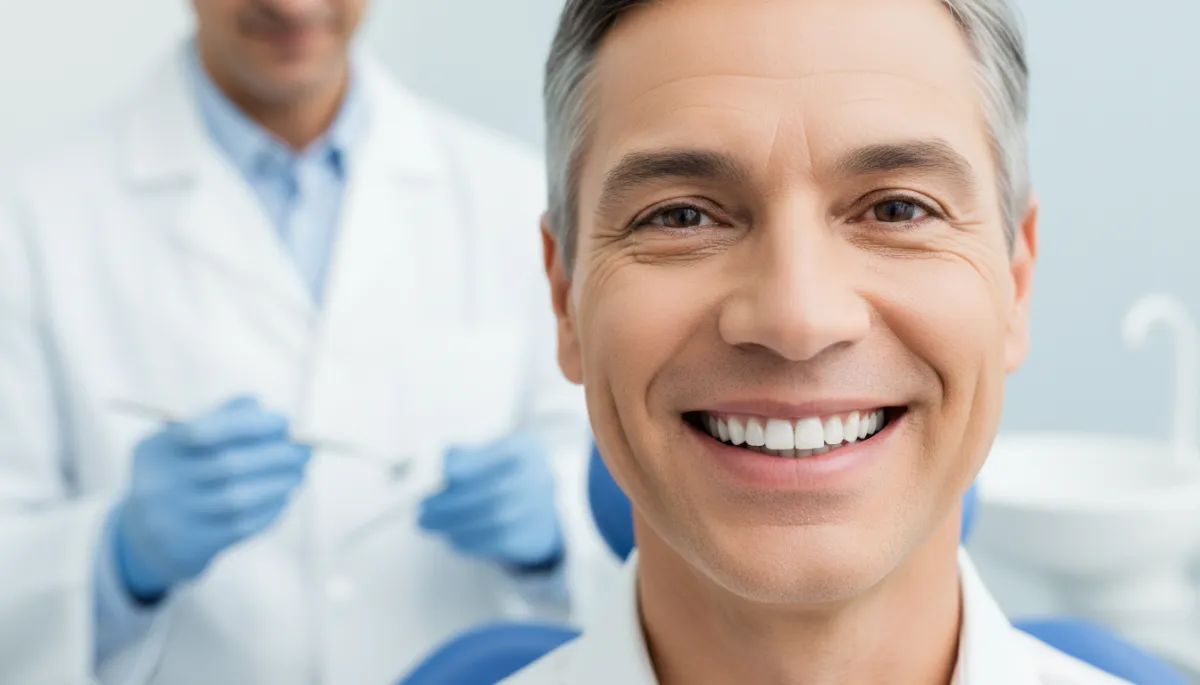 photorealistic close-up of a confident adult smiling in a modern dental clinic, natural-looking implant crown blending perfectly with surrounding teeth, dentist in white coat slightly blurred in background