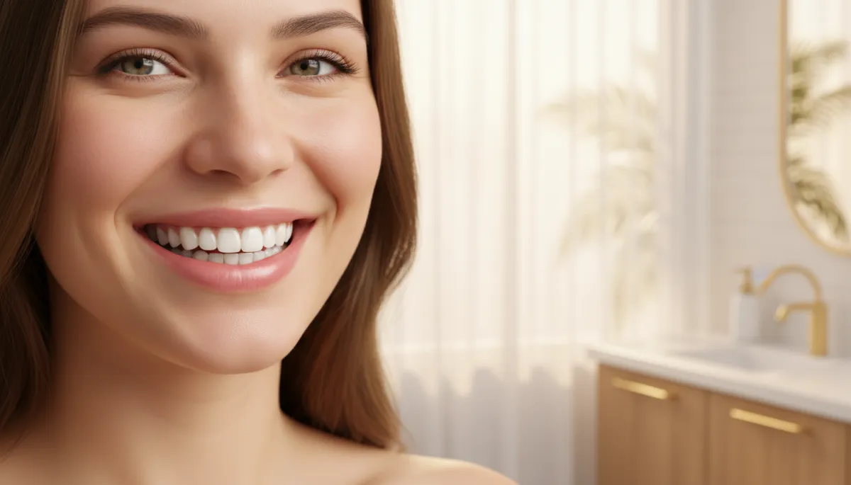 photorealistic close-up of a smiling adult with perfectly aligned, natural-looking white teeth in a premium dental clinic setting, soft lighting, subtle tropical hints in the background