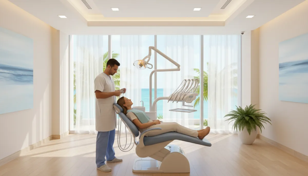 photorealistic calm modern dental clinic in Punta Cana with large windows, soft natural light, a relaxed adult patient reclining with eyes closed in a comfortable dental chair while a gentle dentist adjusts equipment nearby, overall atmosphere tranquil and safe in soft blues and neutrals