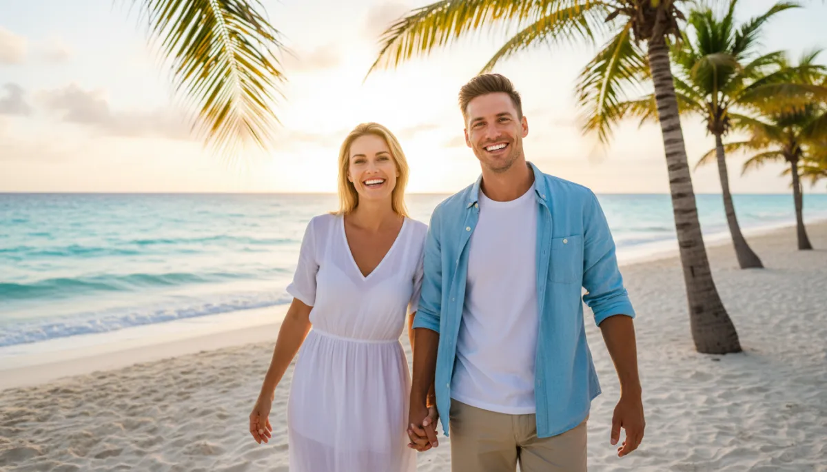 photorealistic vibrant scene of a smiling European couple in their 30s walking along a luxury Punta Cana resort beach at sunset, turquoise water and palm trees in the background, both showing confident white smiles after dental treatment, relaxed holiday atmosphere