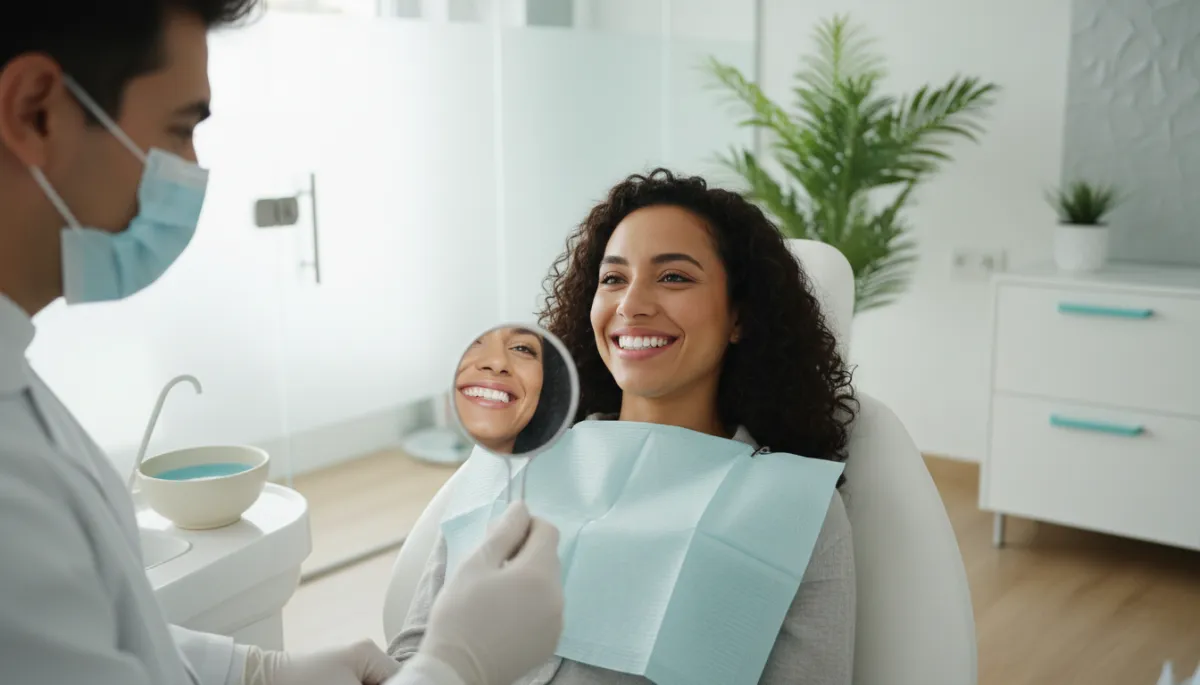 photorealistic smiling international patient in a modern, bright dental clinic chair, dentist in white coat and mask holding mirror to show freshly cleaned teeth, soft natural light, hints of turquoise and white decor suggesting Caribbean freshness