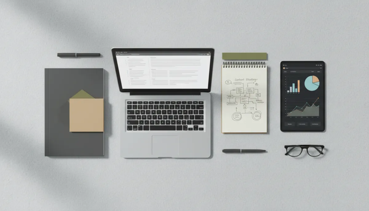 Devices displaying structured content outlines and analytics on a desk