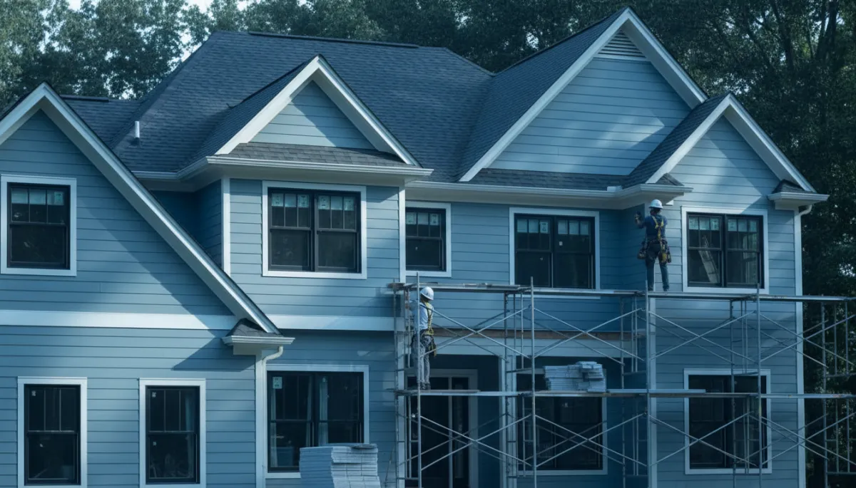 Crew installing fiber cement siding on a complex two-story home Crew installing fiber cement siding on a complex two-story home
