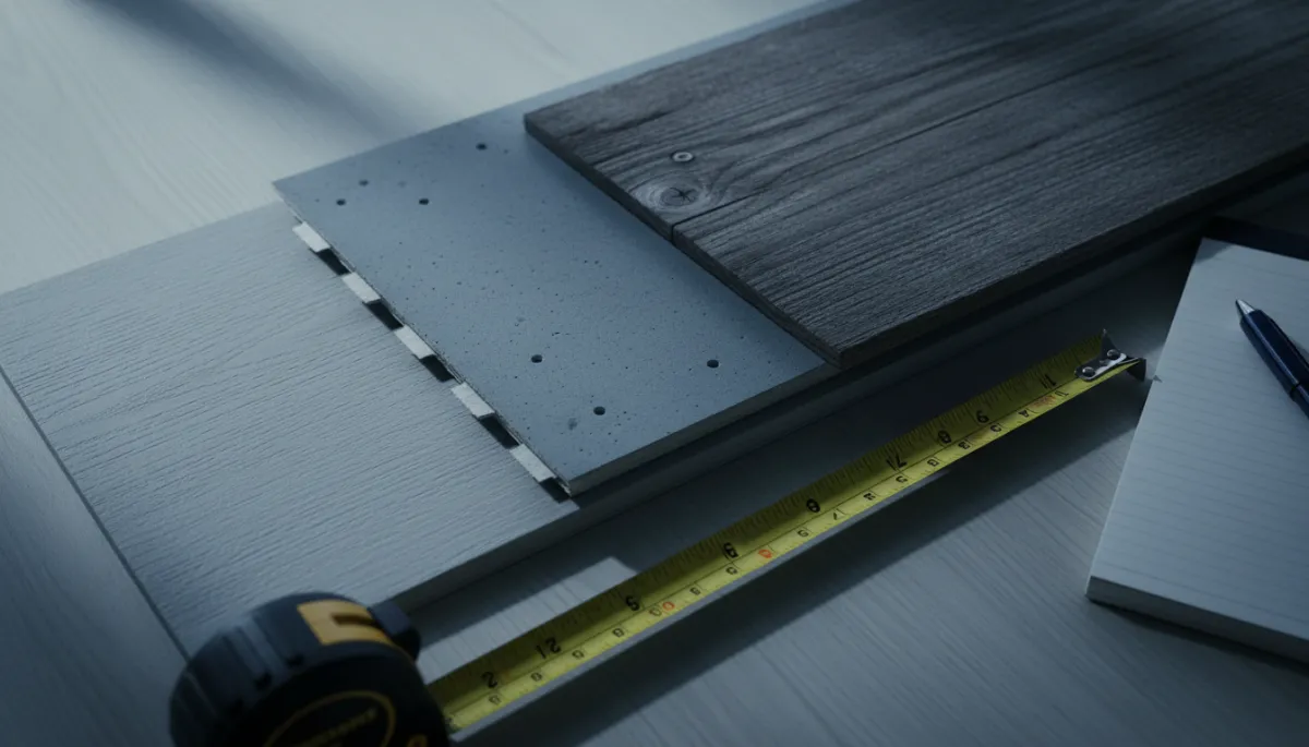 Samples of vinyl, fiber cement, and wood siding on a contractor’s desk Samples of vinyl, fiber cement, and wood siding on a contractor’s desk