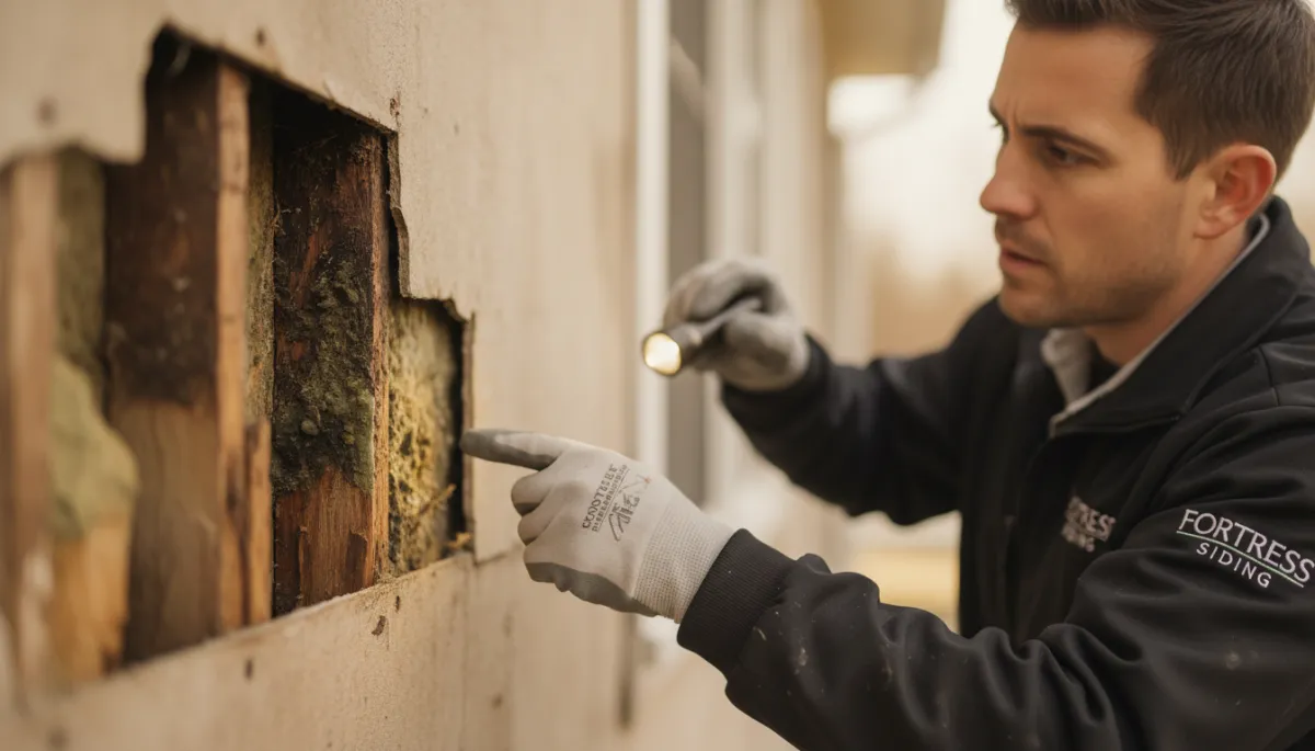 Fortress Siding contractor inspecting rot and mold behind old siding