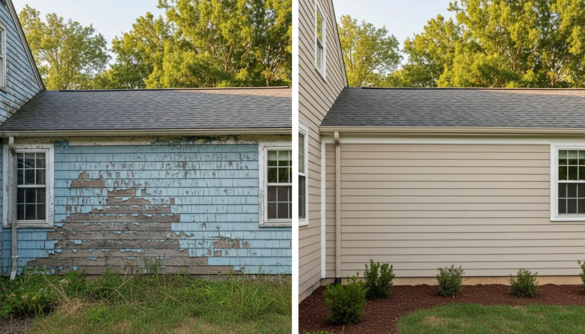 Comparison of old faded siding and new James Hardie siding on a York County home