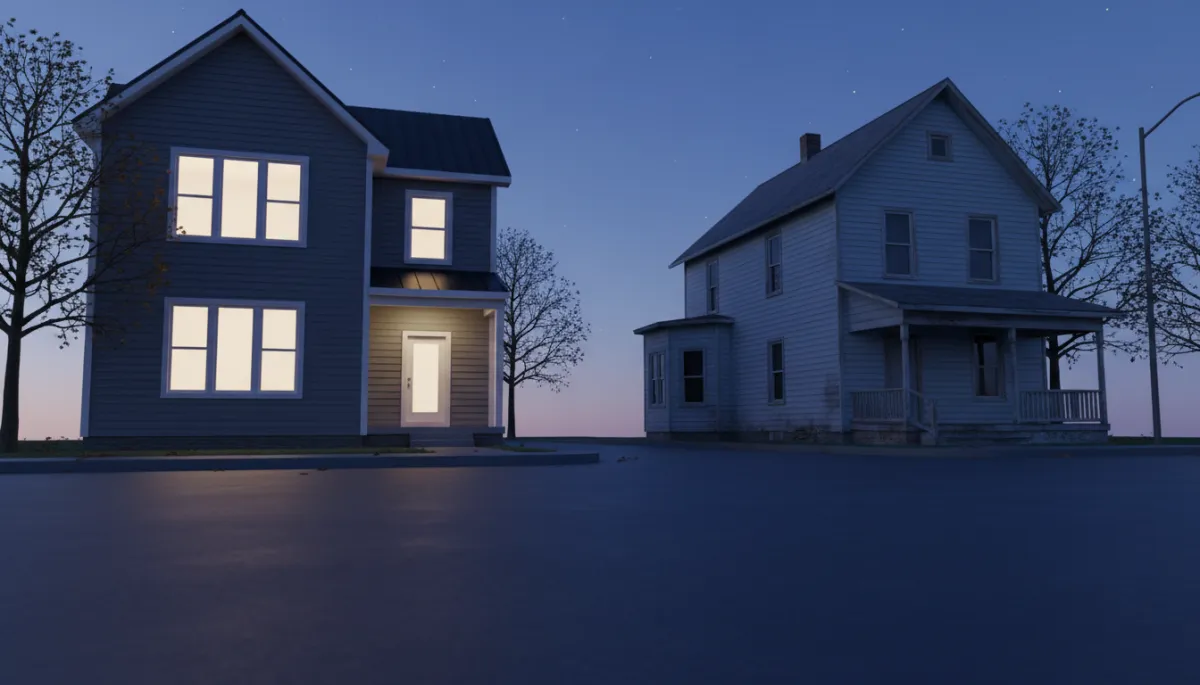 3D rendered Pennsylvania neighborhood street showing a home with James Hardie siding next to a home with older vinyl siding in cool shadow tones