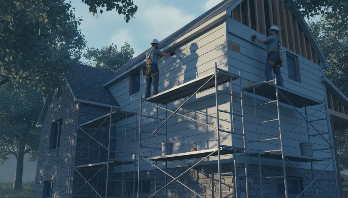 3D rendered scene of professional installers from Fortress Siding placing James Hardie planks on a Pennsylvania home in cool shadow tones