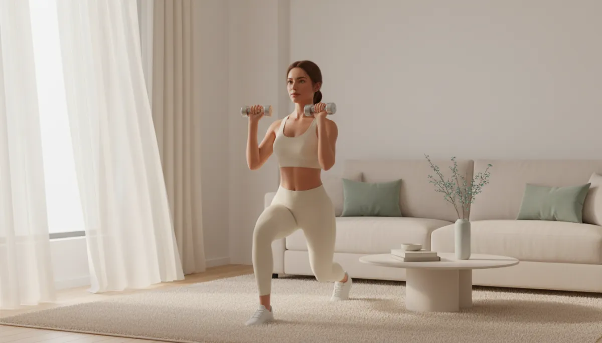 Woman maintaining strength with light weights in a calm living room