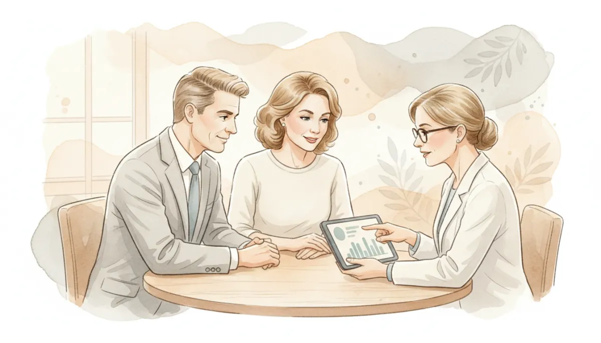 Midlife man and woman reviewing hormone lab results with a clinician in a professional neutral-toned office