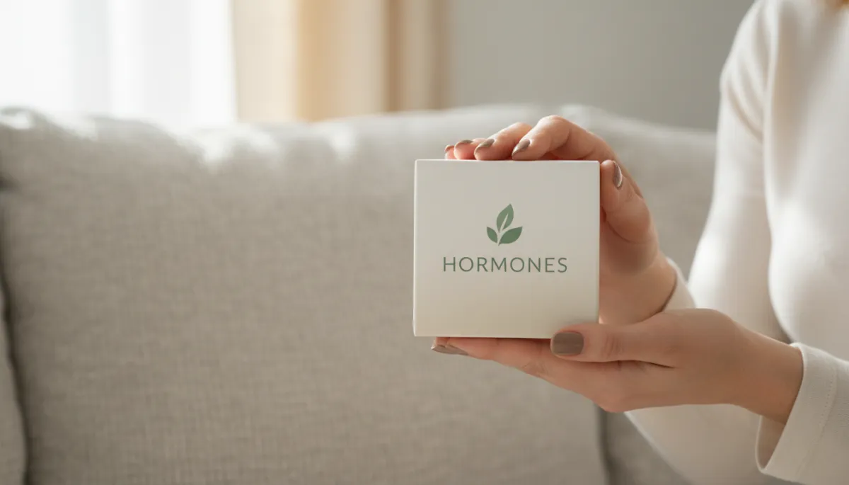Woman holding prescribed hormone therapy box while considering treatment options