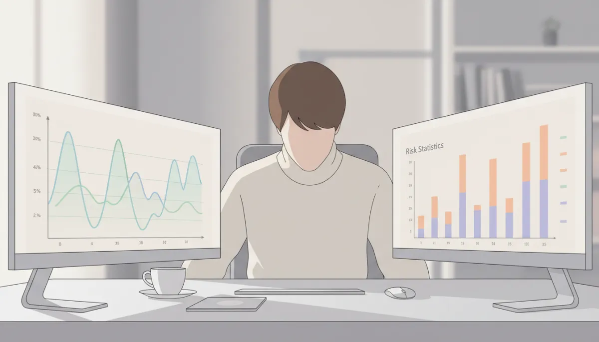 Analyst reviewing macro time-series data and risk statistics on computer screens Analyst reviewing macro time-series data and risk statistics on computer screens