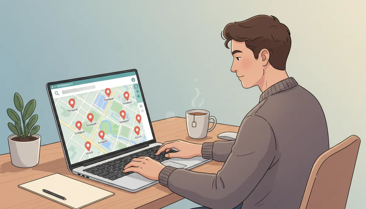Skærm med Google Maps åbent, hvor lokale terapeuter og klinikker vises som røde pins på kortet, en person søger efter hjælp på sin laptop ved et skrivebord