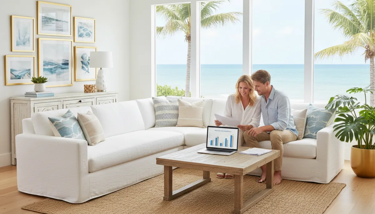 Florida homeowners reviewing mortgage options on a laptop in their living room