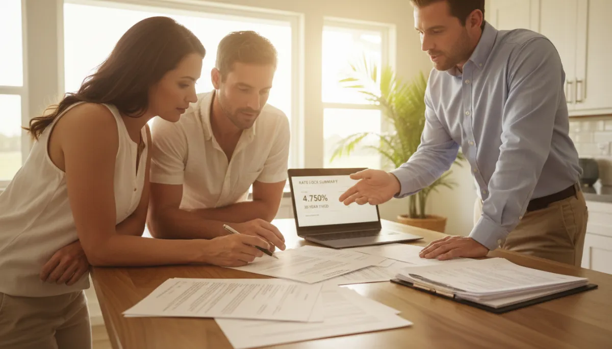 Florida homebuyers reviewing mortgage rate lock details with a loan officer