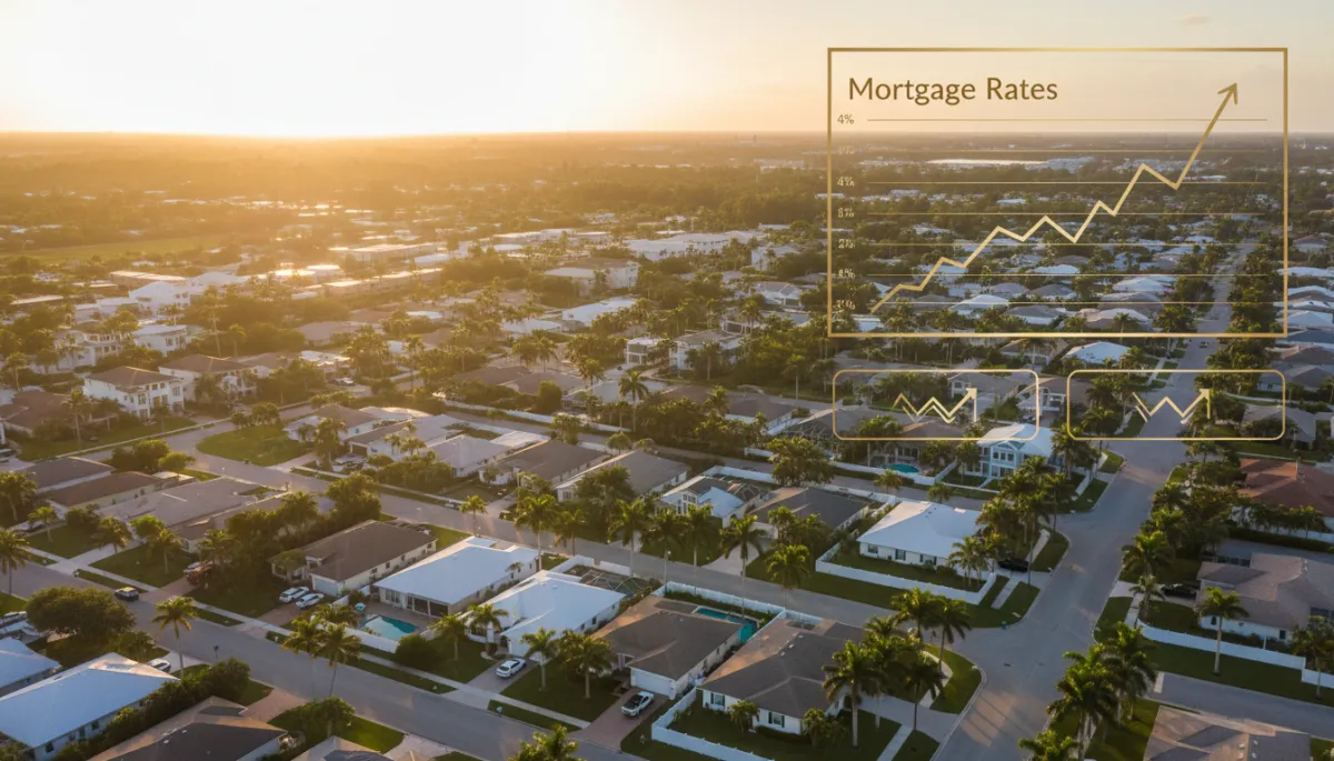 photorealistic aerial view of a sunny Florida neighborhood at sunset, warm golden light reflecting off homes and palm trees, subtle gold #DCA92E accents on a mortgage rate chart overlay and callout boxes, modern professional style