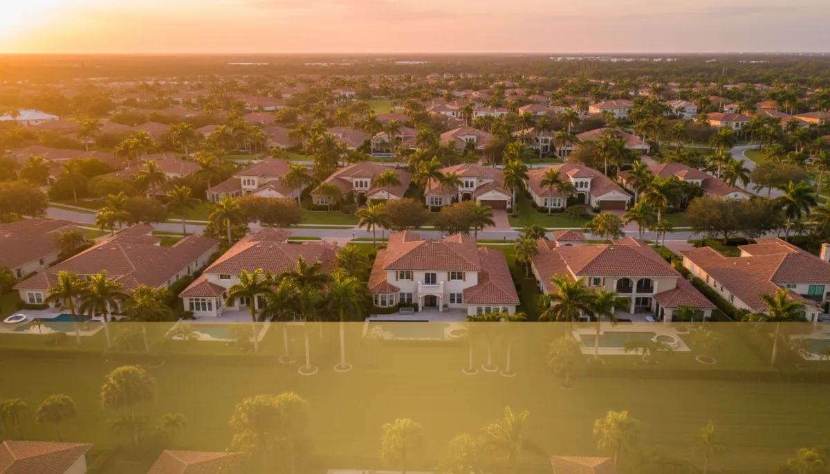 photorealistic aerial view of a sunny Florida neighborhood at golden hour, well-kept single-family homes with palm trees and warm light reflecting off windows, subtle gold #DCA92E accents in yard lighting and window frames, overlaid text area in lower third