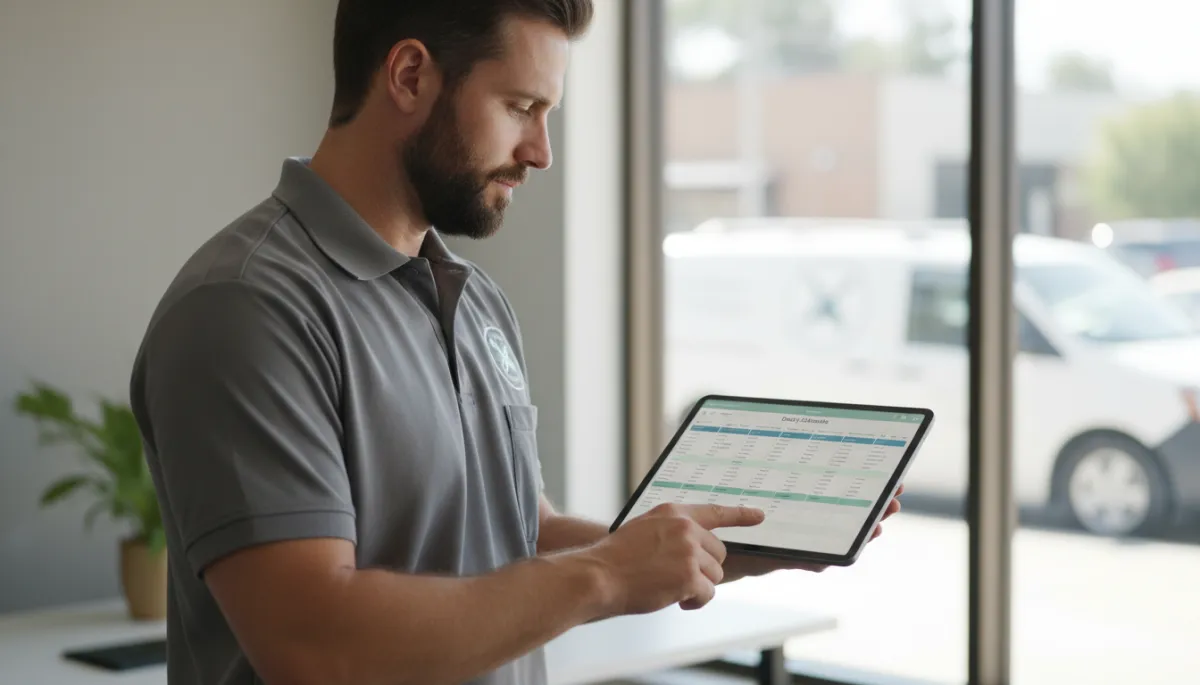 Pest control business owner reviewing a full schedule of booked jobs on a tablet