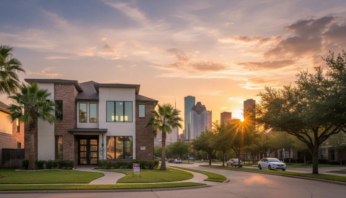 Professional exterior view of a Houston home with a for-sale sign and landscaping