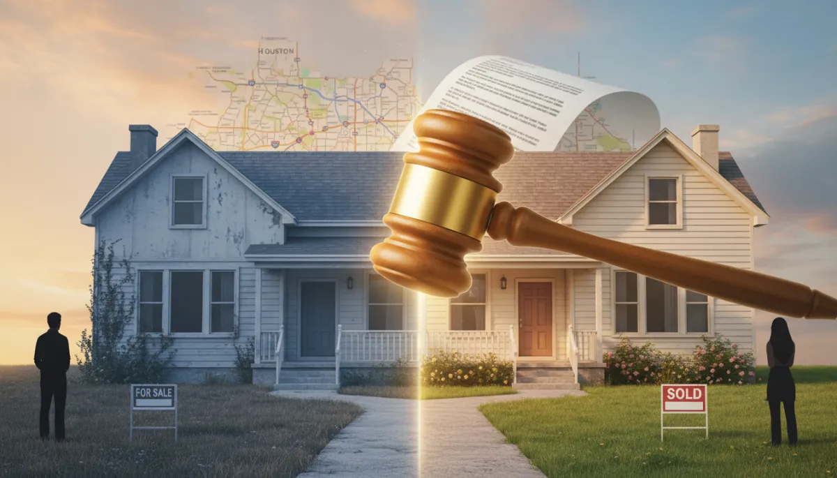 Divorcing spouses signing real estate paperwork at a closing table
