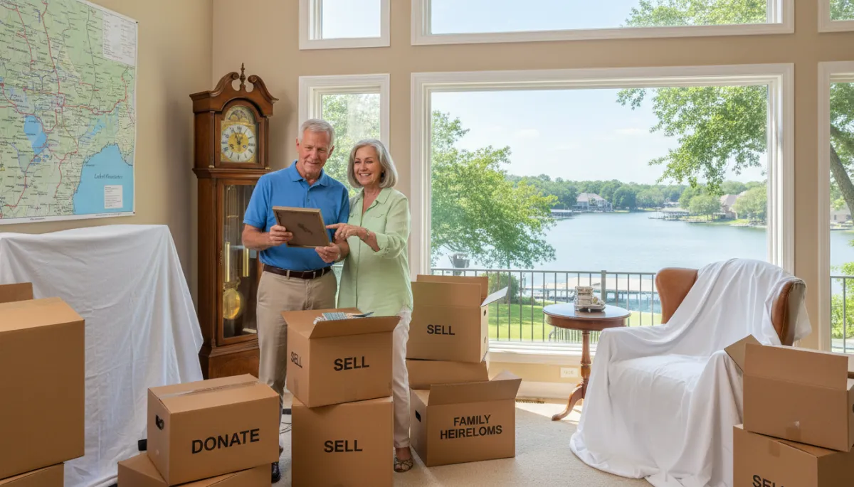 Senior and family member sorting belongings into labeled downsizing boxes