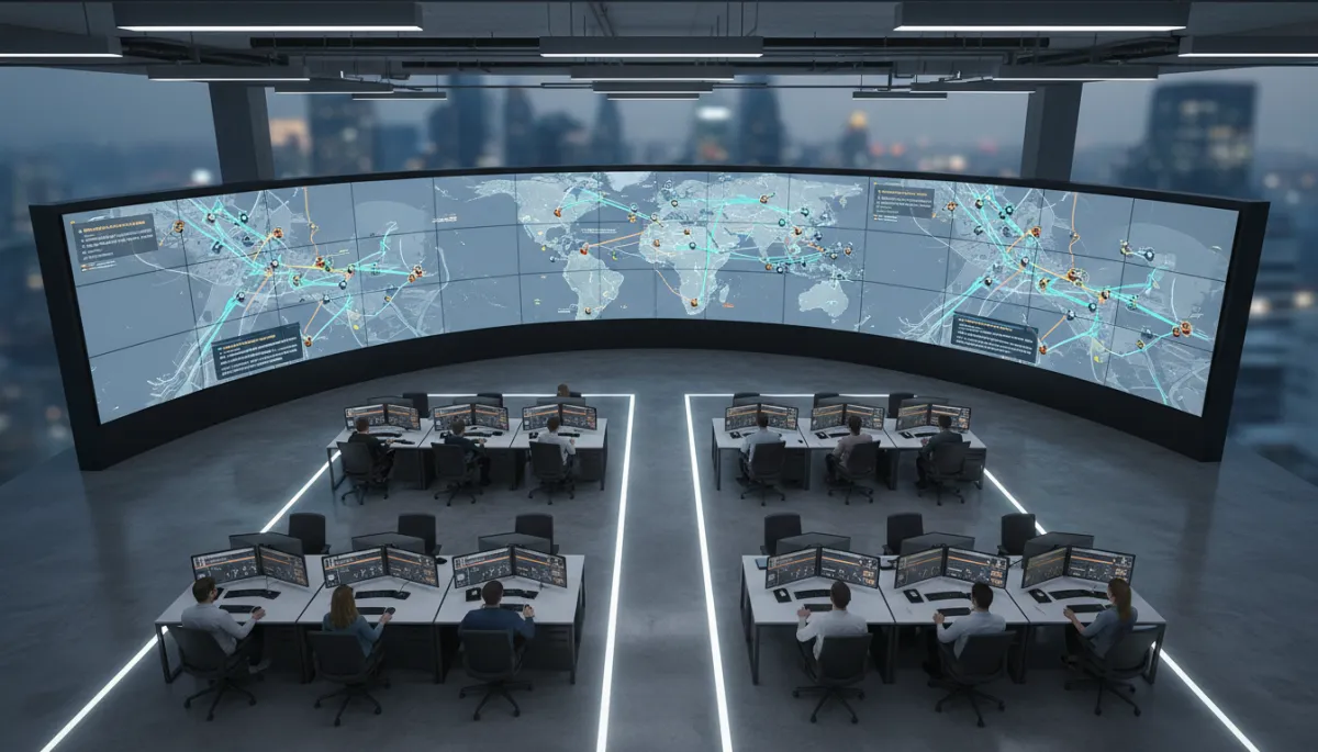 professional aerial view of a logistics control room with large wall screens showing real-time GPS fleet maps, routes and safety alerts in neutral corporate colors