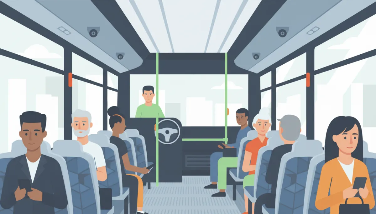 professional photo of a modern city bus interior with discreet onboard security cameras visible near the ceiling, driver and passengers in daylight, neutral corporate color palette