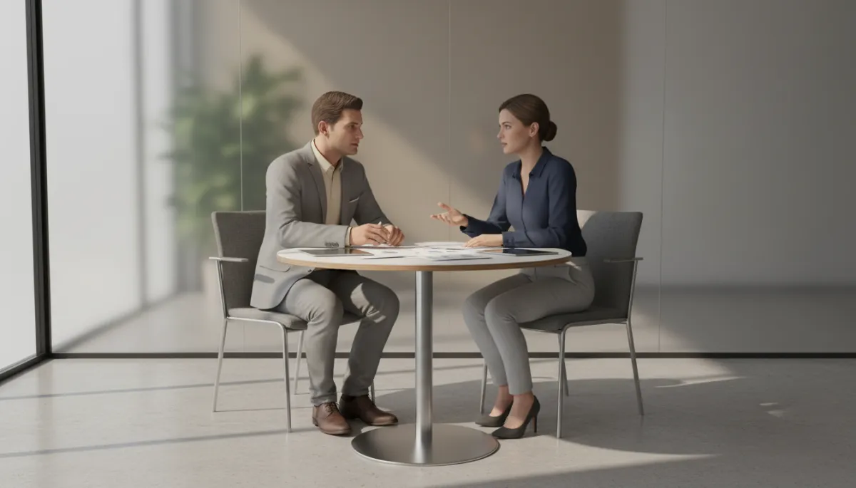 Manager and employee in a thoughtful one-to-one conversation about organisational change