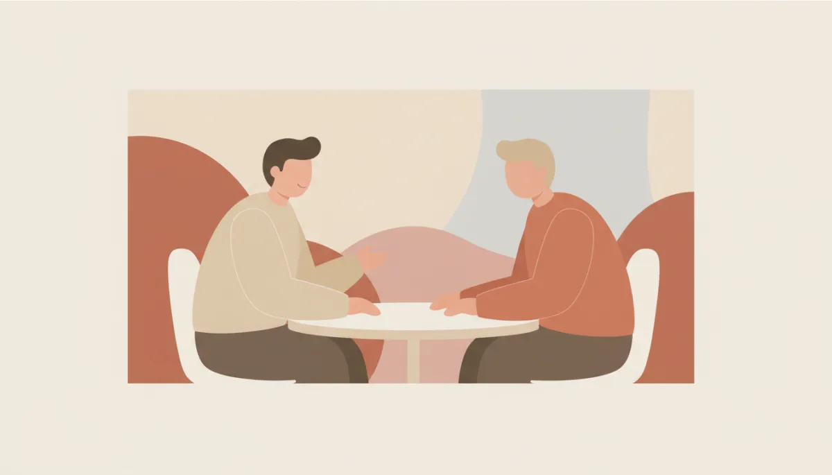 Minimal flat warm neutral illustration of an empathetic leadership conversation Minimal flat warm neutral illustration of an empathetic leadership conversation