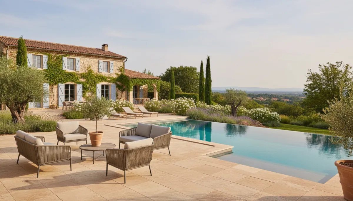 Jardin aménagé avec piscine augmentant la valeur d'une maison à Besse-sur-Issole