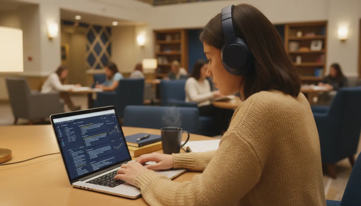 Neurodiverse college student studying in a quiet campus space with supportive tools
