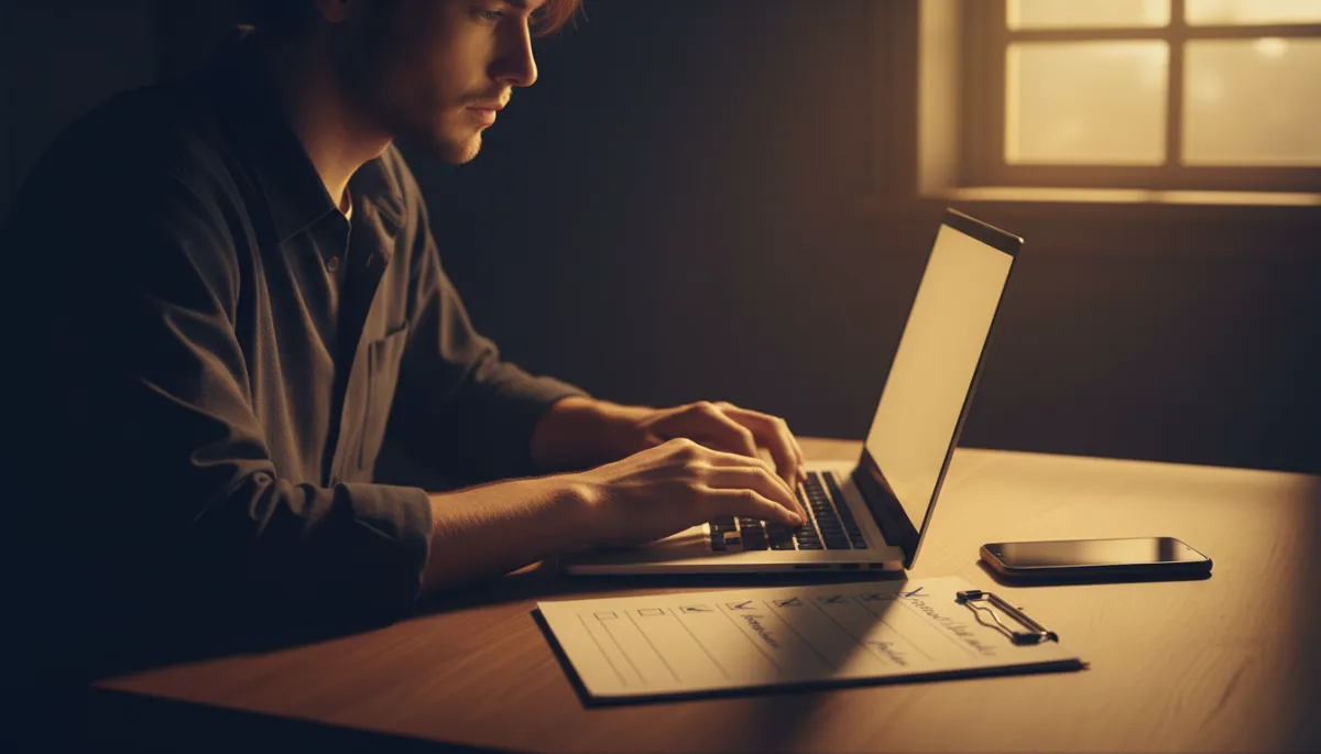 Neurodiverse young adult managing tasks independently with a checklist and laptop