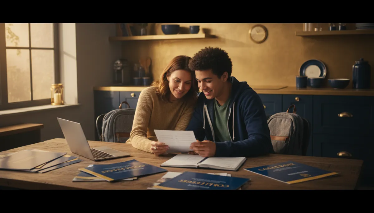 photorealistic warm navy and gold scene of a parent and late-teen student with backpacks sitting at a kitchen table covered in college brochures, planner, and open laptop, soft evening light, both smiling gently while reviewing a checklist together