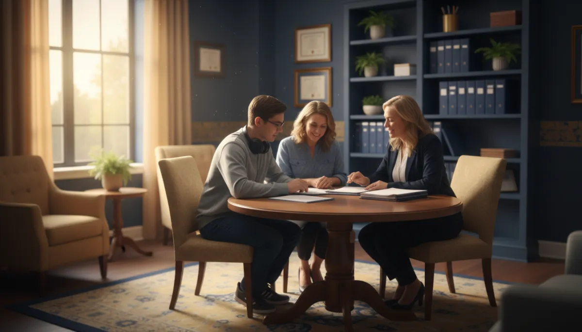 photorealistic scene of a warm college disability services office in soft focus, a neurodiverse student and a parent sitting with a friendly staff member at a round table, all looking at paperwork together, evening light streaming through a window, decor in warm navy and gold accents, calm and reassuring atmosphere