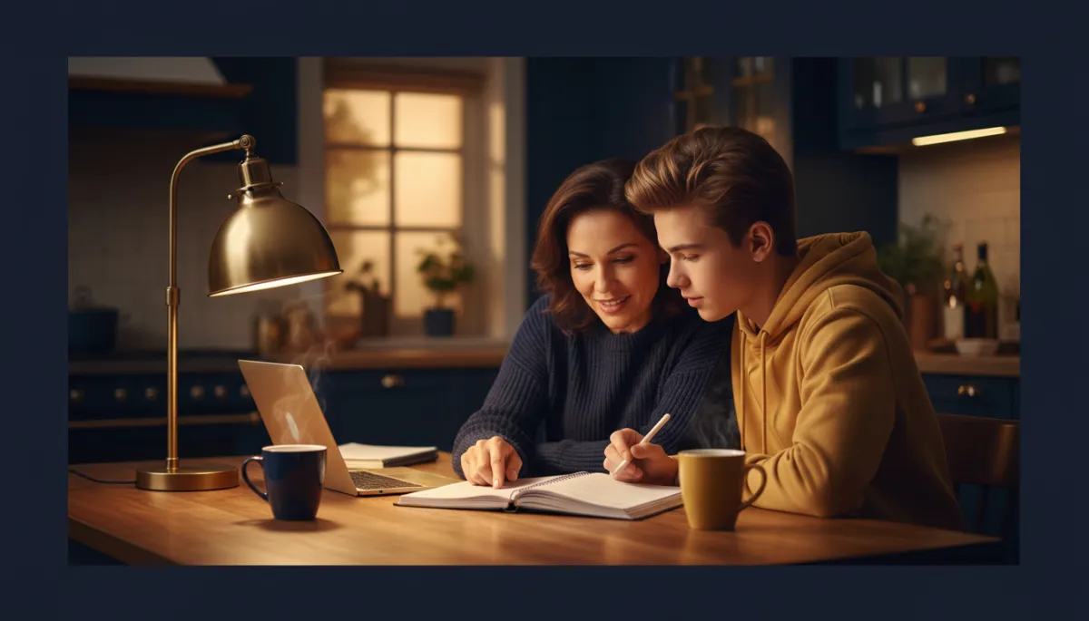 photorealistic warm navy and gold scene of a parent and older teen sitting together at a kitchen table in the evening, soft lamp light, both looking at a planner and laptop, coffee mugs nearby, calm supportive mood