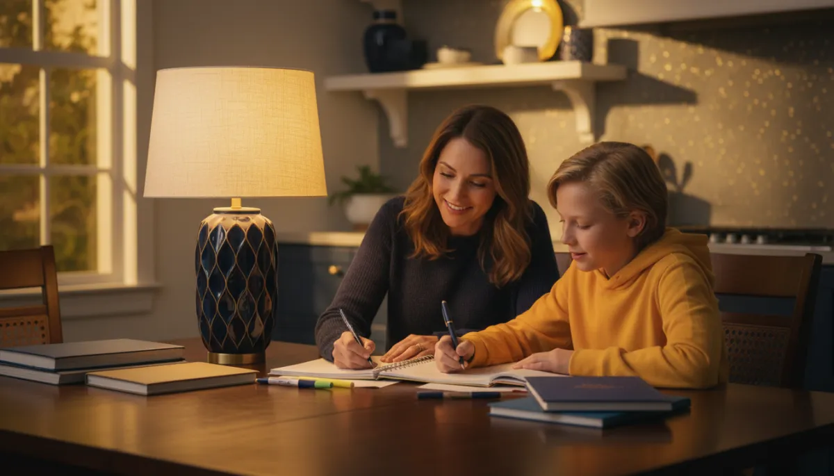photorealistic warm navy and gold scene of a parent and middle-school child sitting at a kitchen table in the evening, homework and a planner spread out, soft lamp light, both smiling gently as they organize tasks together, subtle navy accents in decor and gold-toned lighting