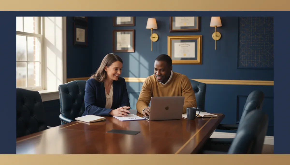photorealistic scene of a warm navy and gold themed school conference room where a caring parent and a friendly educator sit side by side at a table, leaning over IEP documents and a laptop, both smiling and engaged in conversation, soft natural light, professional yet welcoming atmosphere