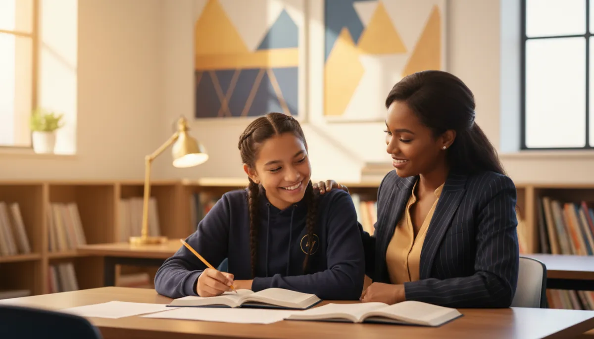 photorealistic warm-toned scene of a middle-school student sitting at a table with a supportive adult in a school or tutoring setting, both smiling and reviewing schoolwork together; subtle warm navy and gold accents in decor and clothing