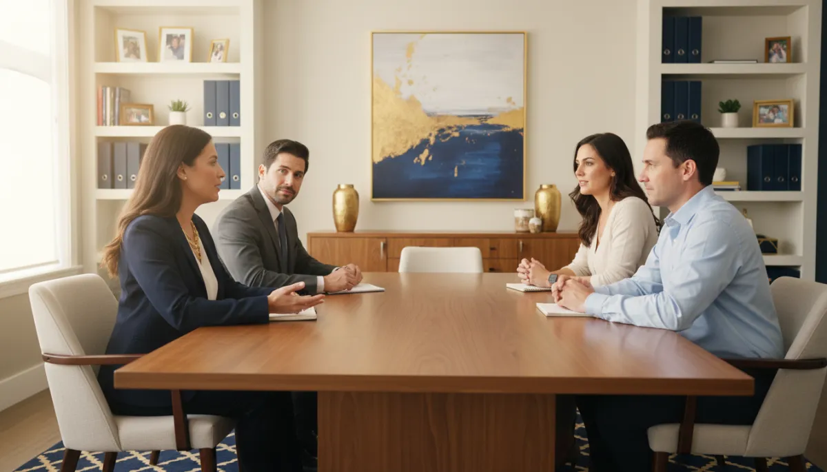 photorealistic warm-toned scene of a confident parent in a navy blazer speaking calmly with a small team of school administrators around a table, soft natural light, subtle navy and gold accents in the office decor, everyone engaged and collaborative