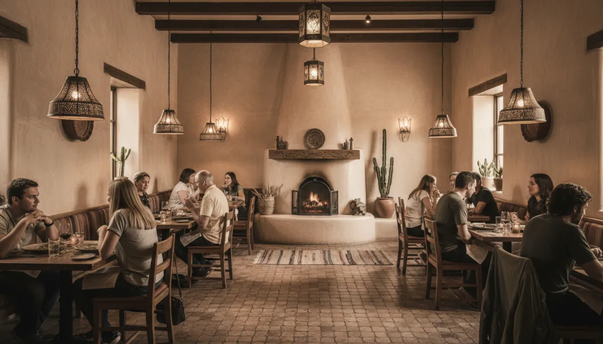 Cozy Santa Fe restaurant with adobe walls and people dining