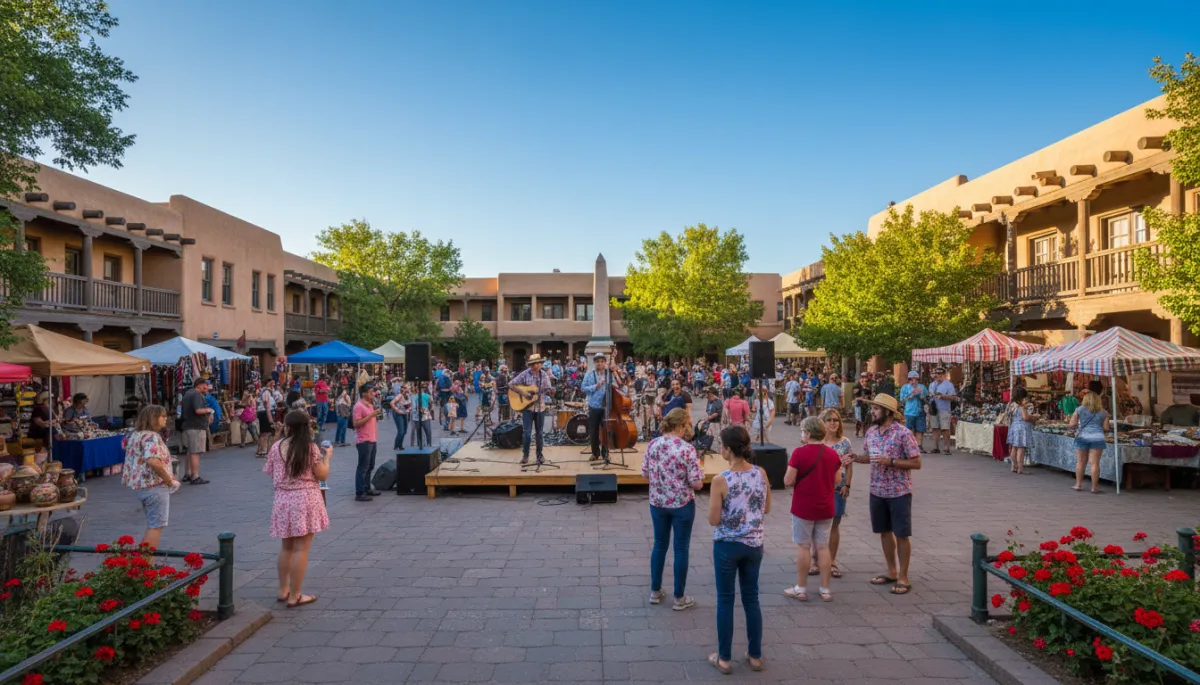 A highly realistic, vibrant photograph of Santa Fe in July, featuring live music performances on the Plaza, bustling outdoor markets, and authentic adobe architecture under clear blue summer skies, with locals and tourists mingling and enjoying the lively atmosphere. Capture natural lighting and genuine candid moments.