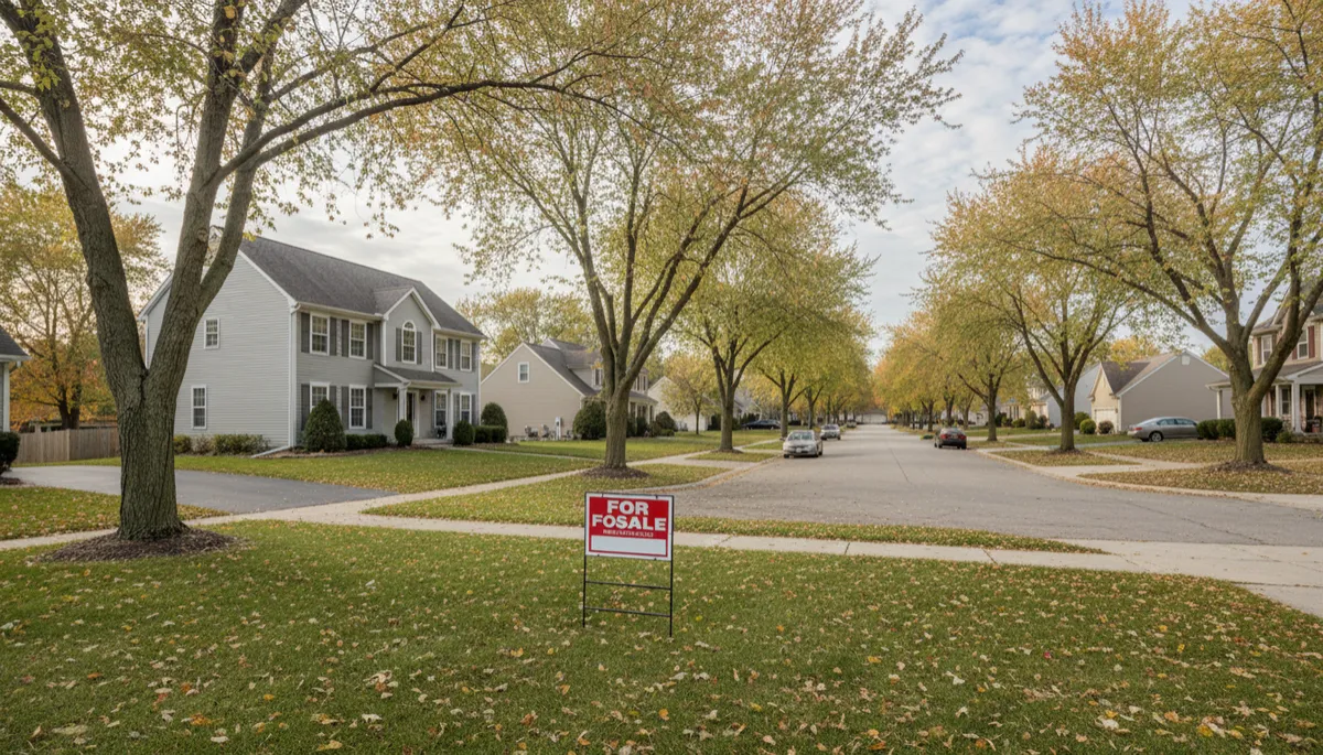 Southeast Wisconsin neighborhood in early fall with a home for sale