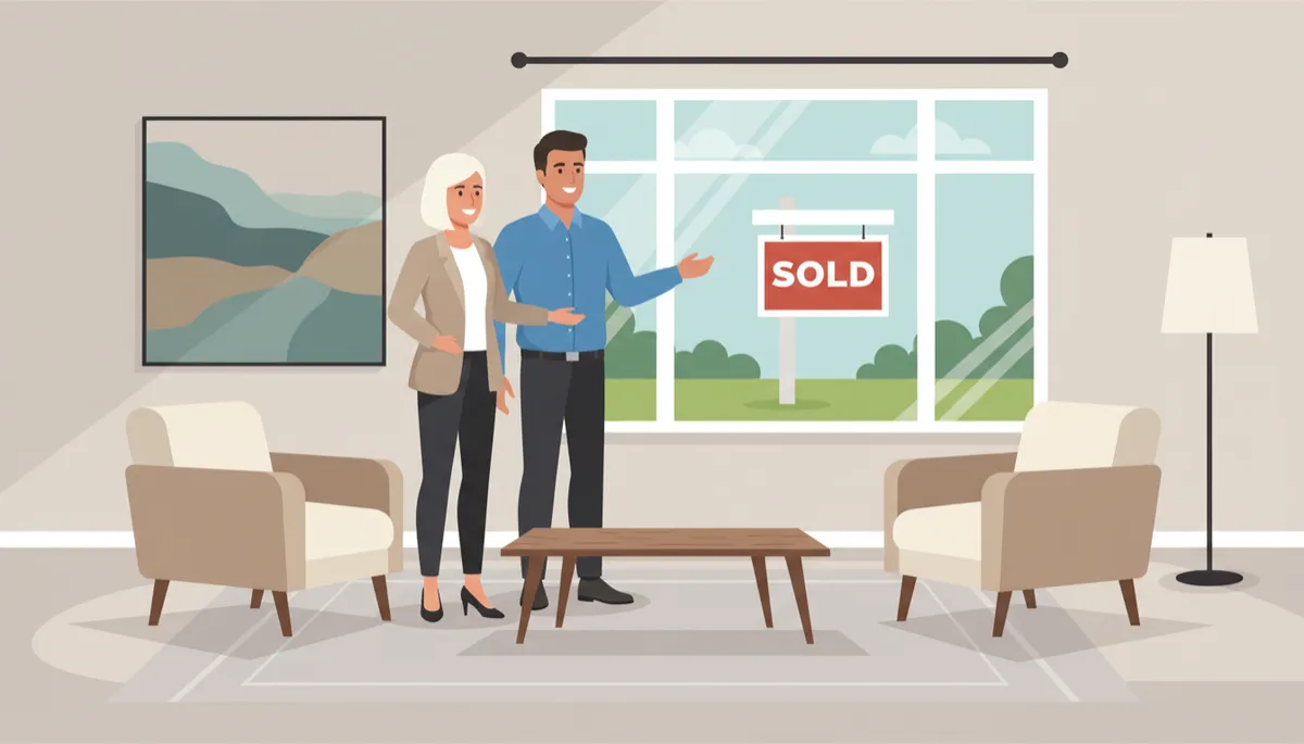 professional, neutral-toned photo of a Southeast Wisconsin real estate agent and homeowner standing in an empty, freshly staged living room with a SOLD sign visible through the front window, soft natural light