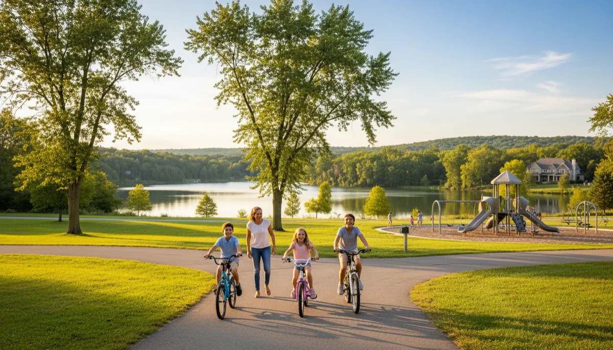 A realistic photo of a family with children and a dog walking and biking on a lakeside trail in Southeast Wisconsin, with natural greenery, a visible lake, and casual, everyday clothing.
